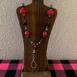 Beautiful Red & Black Handmade Beaded Lanyard ID Badge Holder